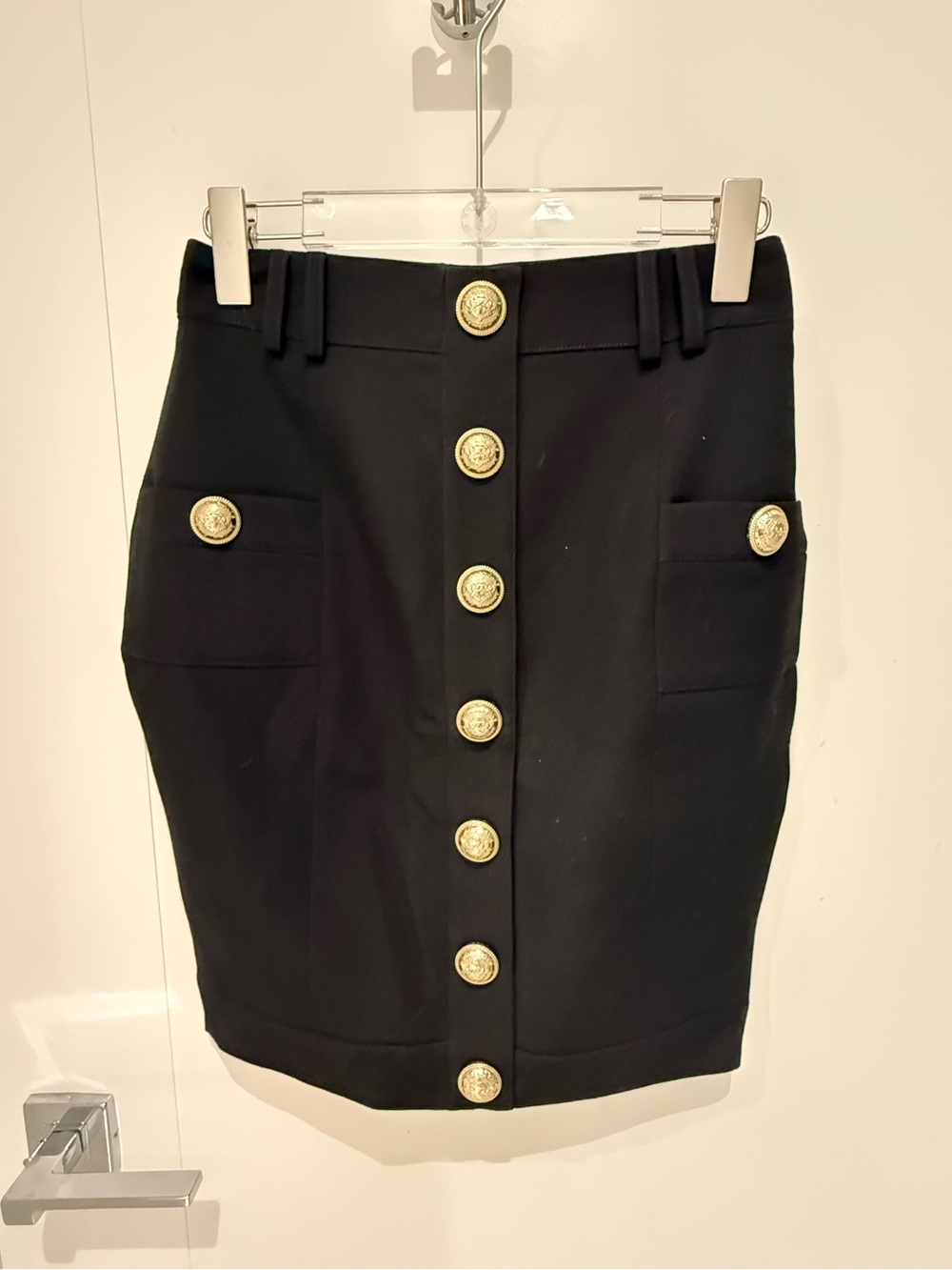 Balmain Black Pencil Skirt with Gold Medallion Buttons